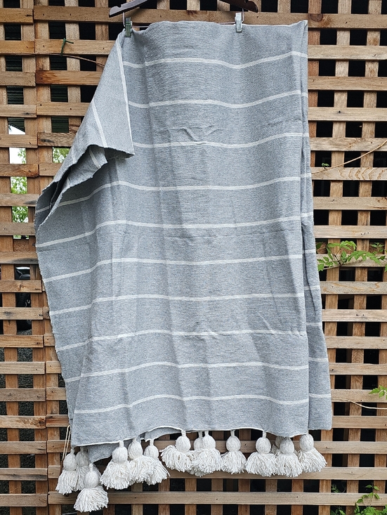 Pokoloko Other - Gray Striped Tassel Queen Pom Pom  Blanket
